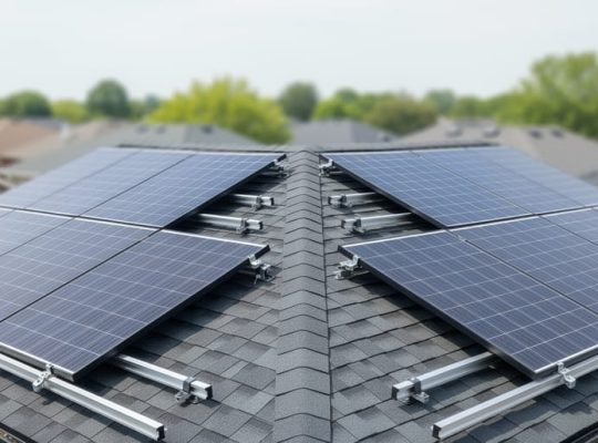 Medium-wide elevated view of a B-roof with two sloped planes meeting at a central ridge and shallow valleys at the eaves, fitted with dark blue solar panels, silver rails, and visible rail clamps near the ridge; bright overcast lighting; softly blurred neighborhood and trees in the background.