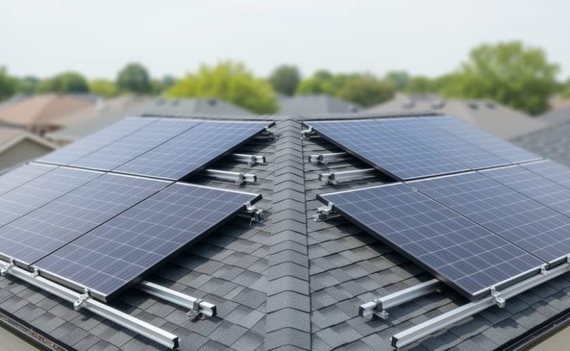 Medium-wide elevated view of a B-roof with two sloped planes meeting at a central ridge and shallow valleys at the eaves, fitted with dark blue solar panels, silver rails, and visible rail clamps near the ridge; bright overcast lighting; softly blurred neighborhood and trees in the background.