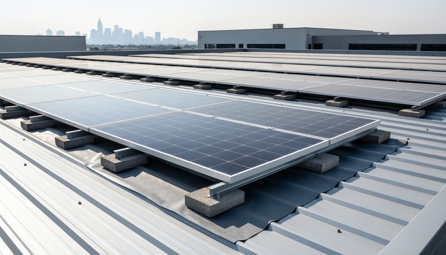 Ballasted solar panel array installed on commercial Q-deck roof with concrete weights