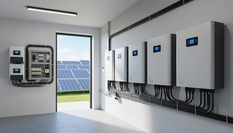 Commercial lithium battery bank installation for hybrid solar energy storage