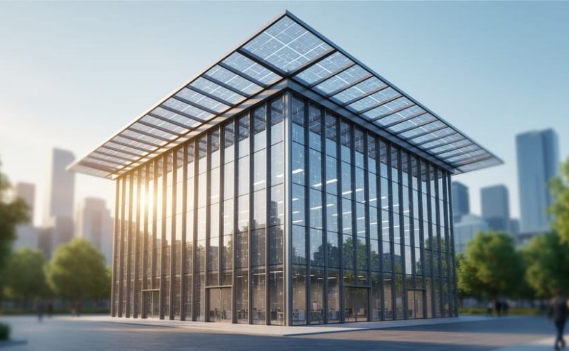 Low-angle view of a modern office tower with semi-transparent photovoltaic glass facade and solar roof canopy at golden hour, with a softly blurred city skyline and pedestrians in the background.