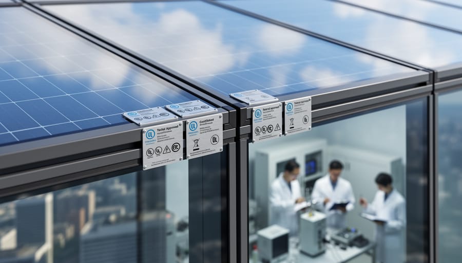 Inspector examining certification marks on solar panel module