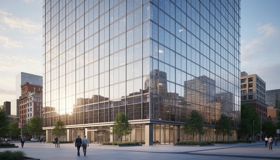 Modern building facade with integrated solar panel glass curtain wall system