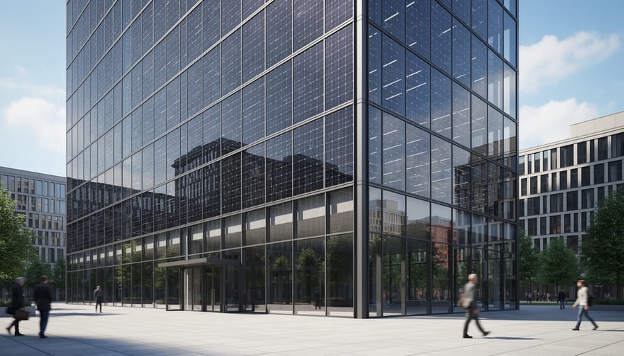 Contemporary building facade with integrated solar panels forming architectural pattern