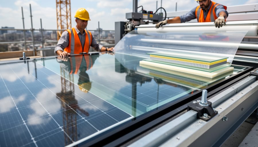 Technician placing solar cell during BIPV panel manufacturing lamination process