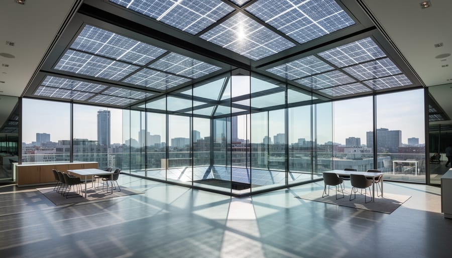Modern solar skylight installation showing photovoltaic glass and natural light integration