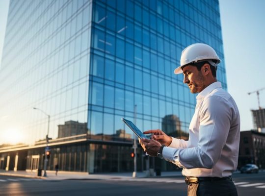 Architect in a hard hat reviewing a semi-transparent photovoltaic glass facade on a modern office building at golden hour, with a blurred city skyline and crane in the background