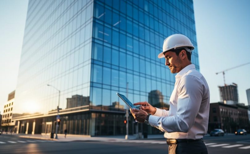 Architect in a hard hat reviewing a semi-transparent photovoltaic glass facade on a modern office building at golden hour, with a blurred city skyline and crane in the background