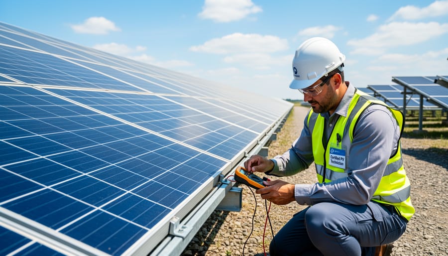 Certified solar maintenance professional at utility-scale photovoltaic installation