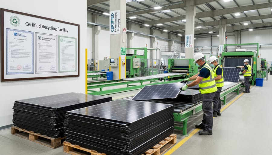 Worker examining solar panel components at certified recycling facility