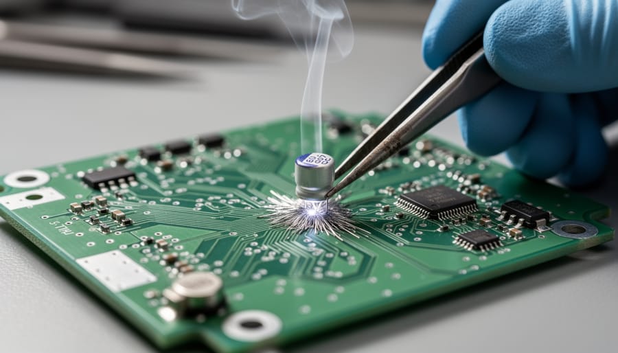 Technician performing precision soldering repair on inverter circuit board