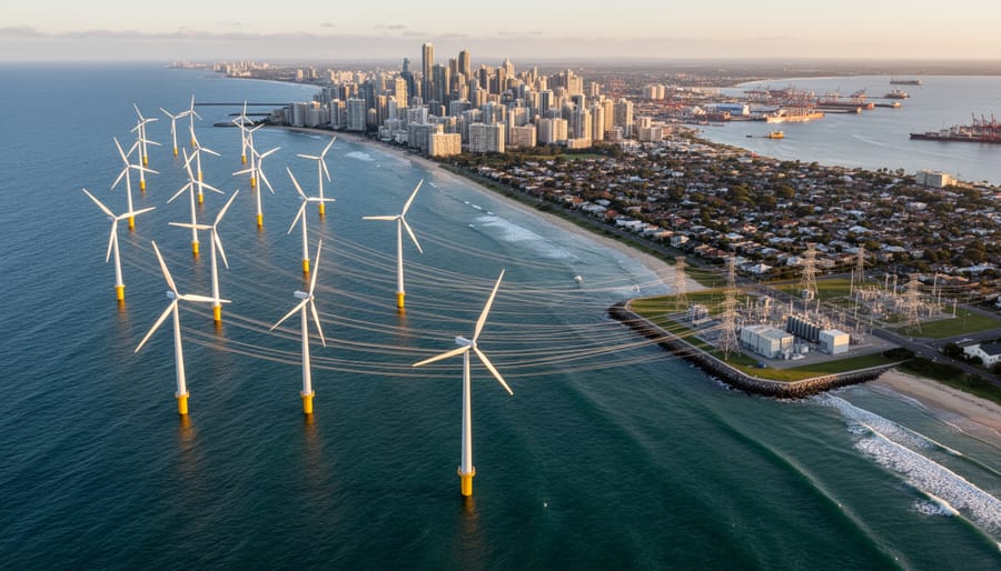 Aerial view of coastal city with offshore wind farm visible on the ocean horizon