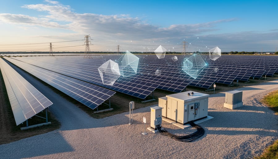 Large-scale commercial solar panel farm showing extensive renewable energy infrastructure