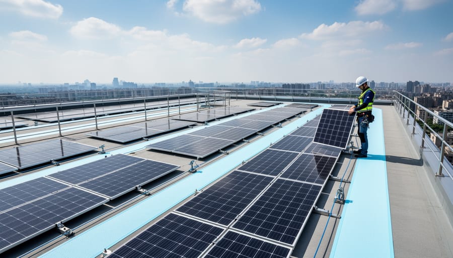 Commercial rooftop solar installation with integrated safety walkways and permanent guardrail systems