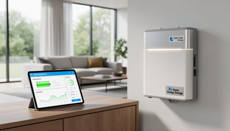 Compact battery storage system mounted on garage wall beside electrical equipment