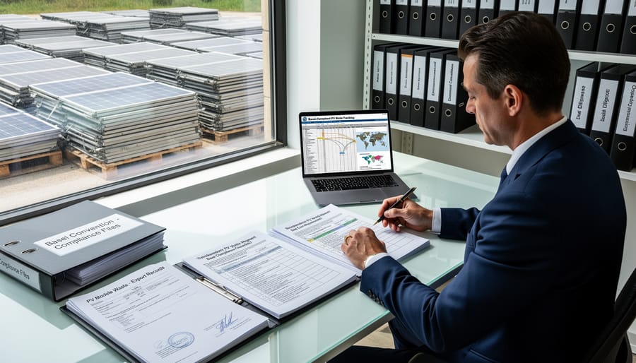 Professional reviewing compliance documentation for solar waste management