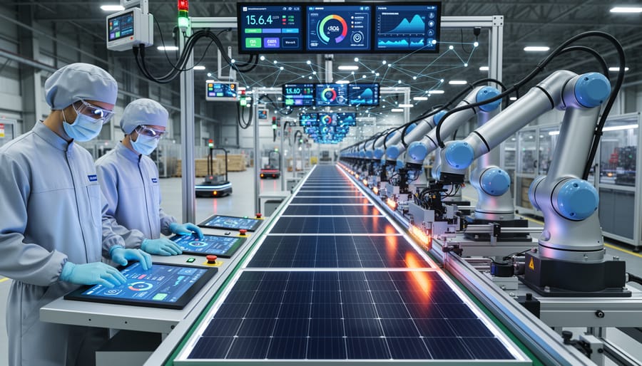 Modern solar panel manufacturing facility with automated production line and photovoltaic modules