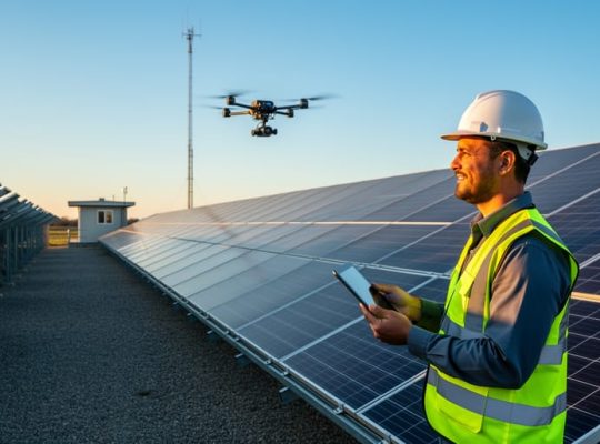 Engineer in safety vest holding a tablet beside rows of utility-scale solar panels at sunset, with a small drone hovering overhead and an operations building with antenna in the background.