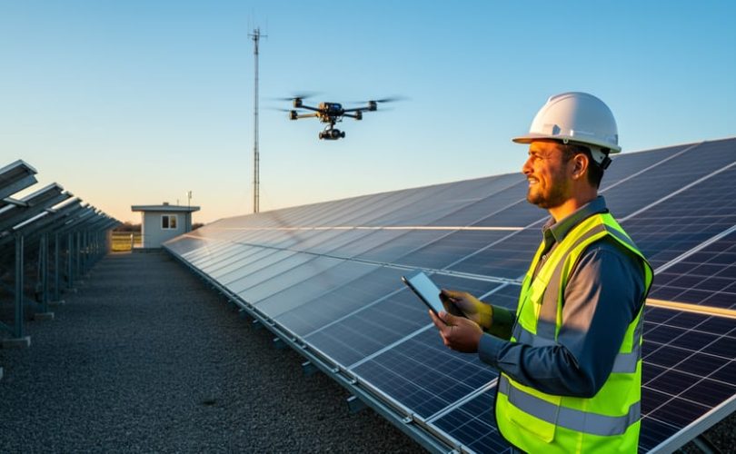 Engineer in safety vest holding a tablet beside rows of utility-scale solar panels at sunset, with a small drone hovering overhead and an operations building with antenna in the background.