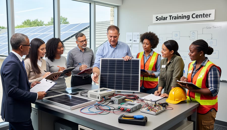 Adult student examining solar panel wiring during technical training in laboratory setting