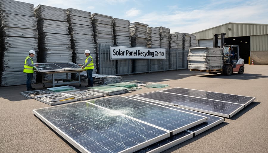 Stacked decommissioned solar panels at recycling facility showing weathering and wear