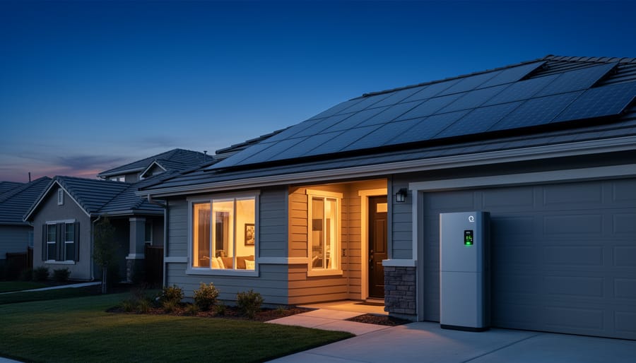 Modern residential home at dusk with solar panels and battery system providing energy independence