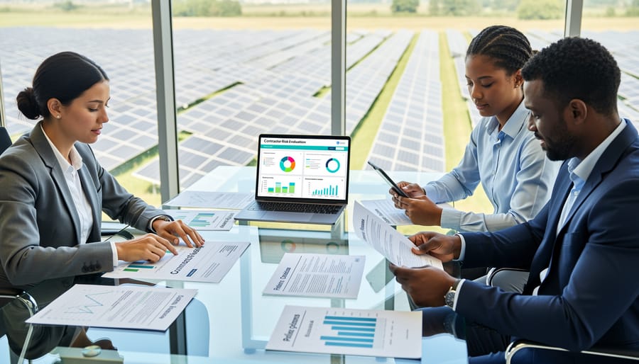 Business professional reviewing financial documents and contracts on office desk