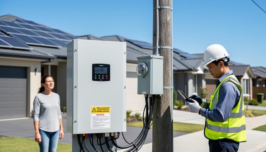 Suburban neighborhood showing solar panels on multiple homes connected to utility power grid