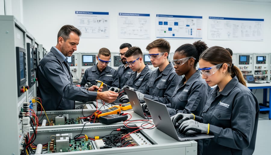 Students receiving practical hands-on training in solar panel maintenance techniques