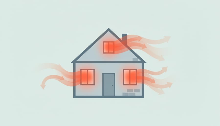 Residential home exterior showing heat loss patterns through windows, doors, and roof