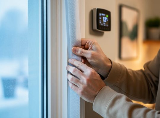 Hands applying adhesive weatherstripping to an interior window frame in a warmly lit living room, snowy blue scene visible outside; blurred programmable thermostat and heating vent in the background.