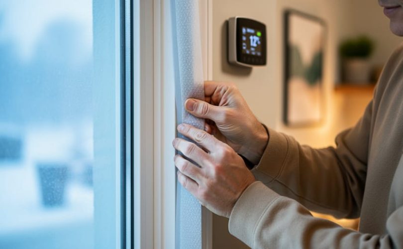 Hands applying adhesive weatherstripping to an interior window frame in a warmly lit living room, snowy blue scene visible outside; blurred programmable thermostat and heating vent in the background.