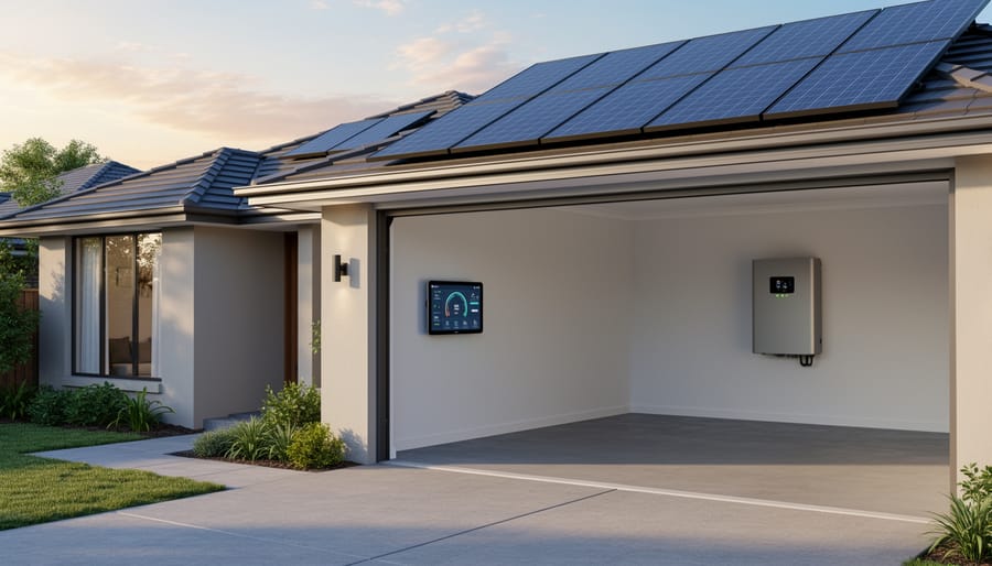 Residential home with solar panels on roof and integrated battery storage unit on exterior wall