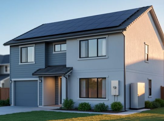 Modern house exterior with rooftop solar panels and a sleek wall-mounted battery storage cabinet near the utility meter, photographed at golden hour with soft shadows and a softly blurred neighborhood background.