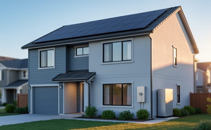 Modern house exterior with rooftop solar panels and a sleek wall-mounted battery storage cabinet near the utility meter, photographed at golden hour with soft shadows and a softly blurred neighborhood background.