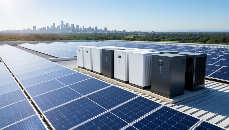 Complete residential solar system with rooftop panels and ground-level battery storage unit