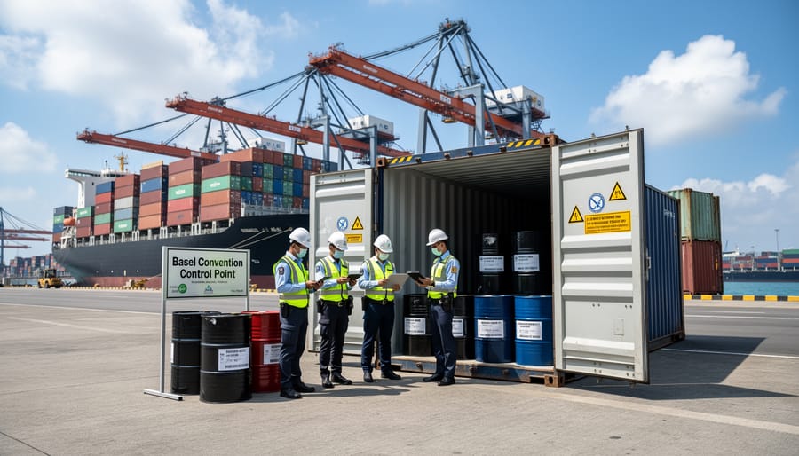 Cargo containers being loaded at international shipping port