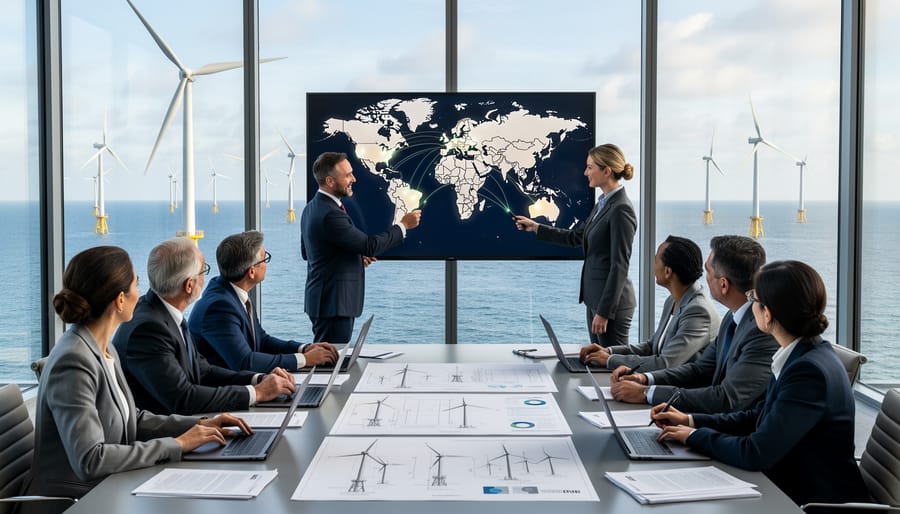 International team of energy professionals collaborating on offshore wind technology