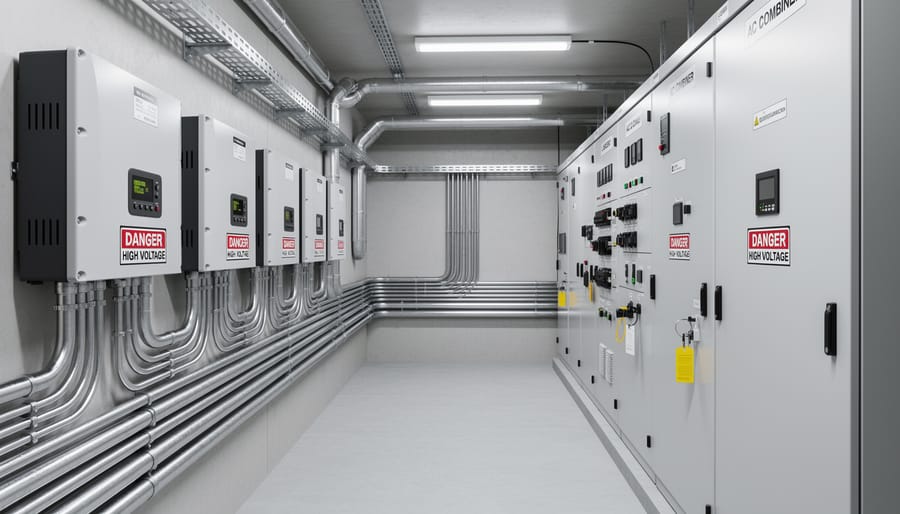 Commercial solar inverters with AC electrical conduits and collection system infrastructure