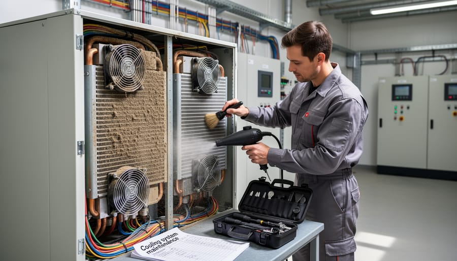 Maintenance technician cleaning solar inverter cooling fan and heat sink components