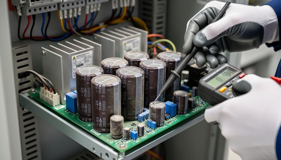 Close-up view of solar inverter internal components including capacitors and circuit boards