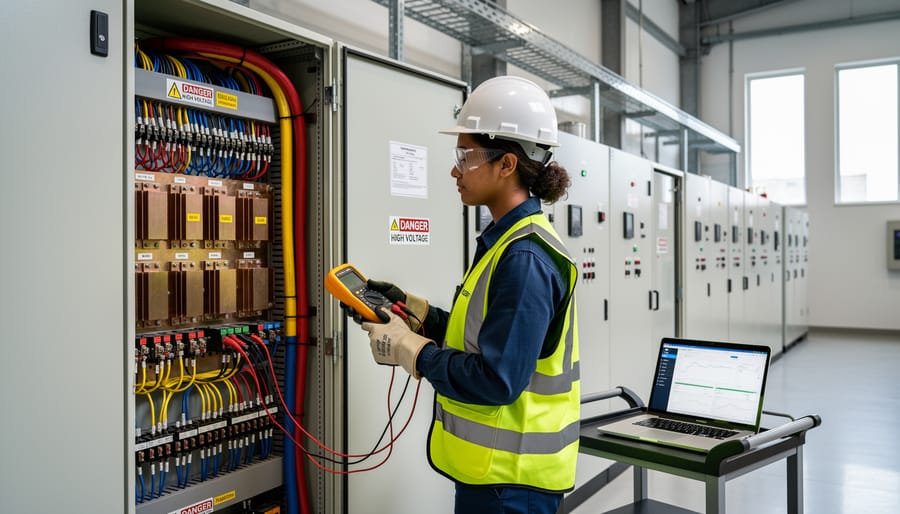 Electrician testing three-phase electrical connections with digital multimeter during installation