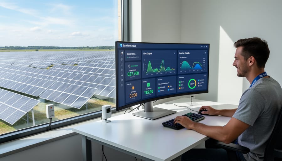 Technician using digital tablet to monitor solar panel performance in the field