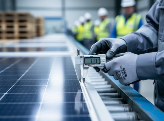 Close-up of gloved technician measuring a solar panel’s aluminum frame with a caliper on a factory conveyor, with rows of panels and PPE-clad workers softly blurred in the background under diffused industrial lighting.
