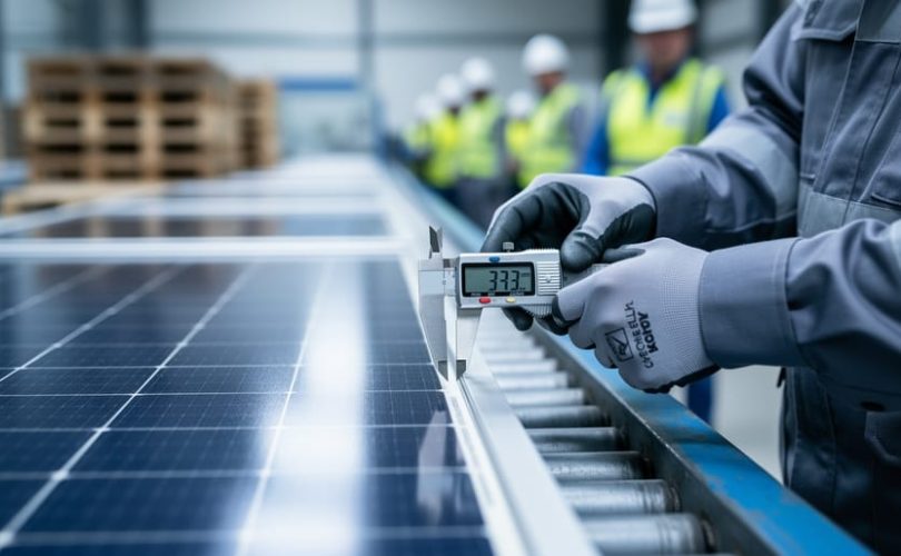 Close-up of gloved technician measuring a solar panel’s aluminum frame with a caliper on a factory conveyor, with rows of panels and PPE-clad workers softly blurred in the background under diffused industrial lighting.