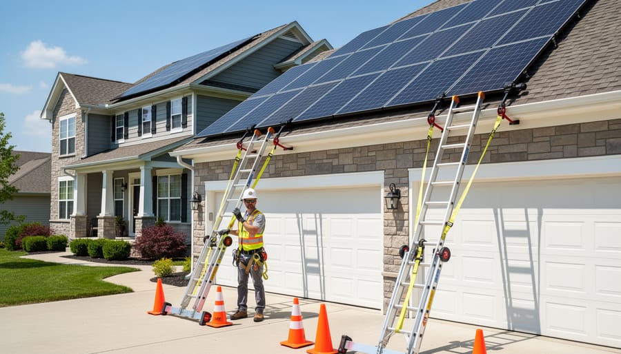 Extension ladder properly positioned and secured against residential roof for solar panel access