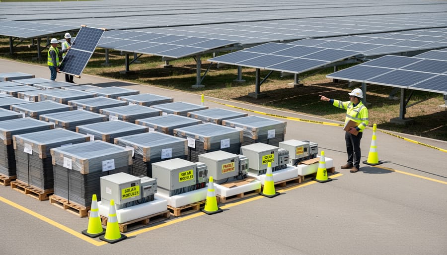 Aerial view of organized solar installation materials in designated staging area