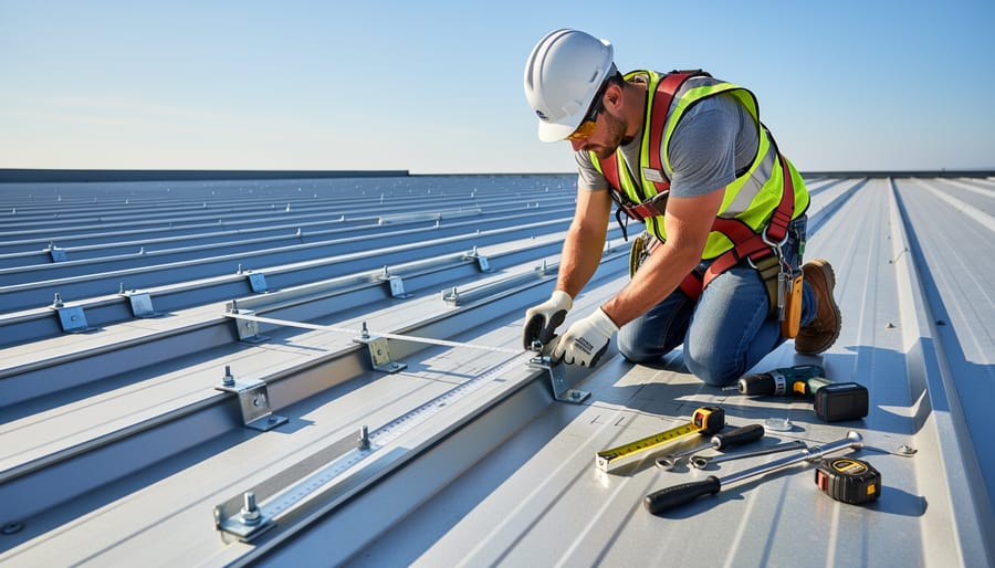 Solar installers working on sloped roof securing mounting rails for panel installation