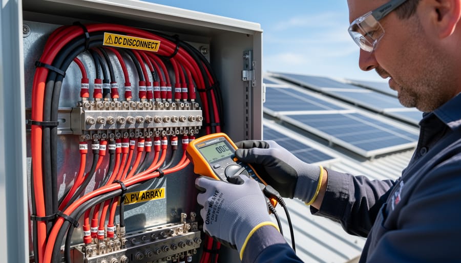 Solar panel array showing multiple DC string conductors and mounting configuration