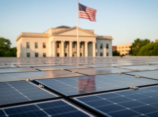 Solar panels on a municipal rooftop with a neoclassical city hall and American flag blurred in the background at golden hour.